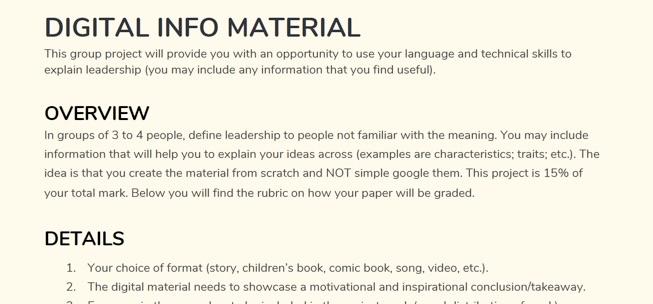 DIGITAL INFO MATERIAL This group project will