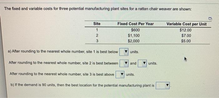 The fixed and variable costs for three potential