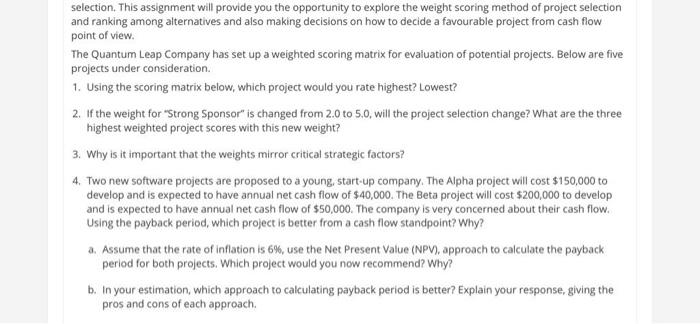 selection. This assignment will provide you the