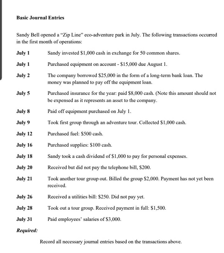 Basic Journal Entries Sandy Bell opened a Zip