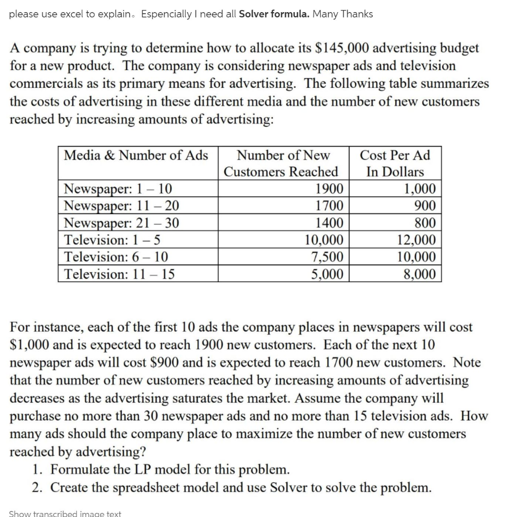 please use excel to explain. Espencially I need
