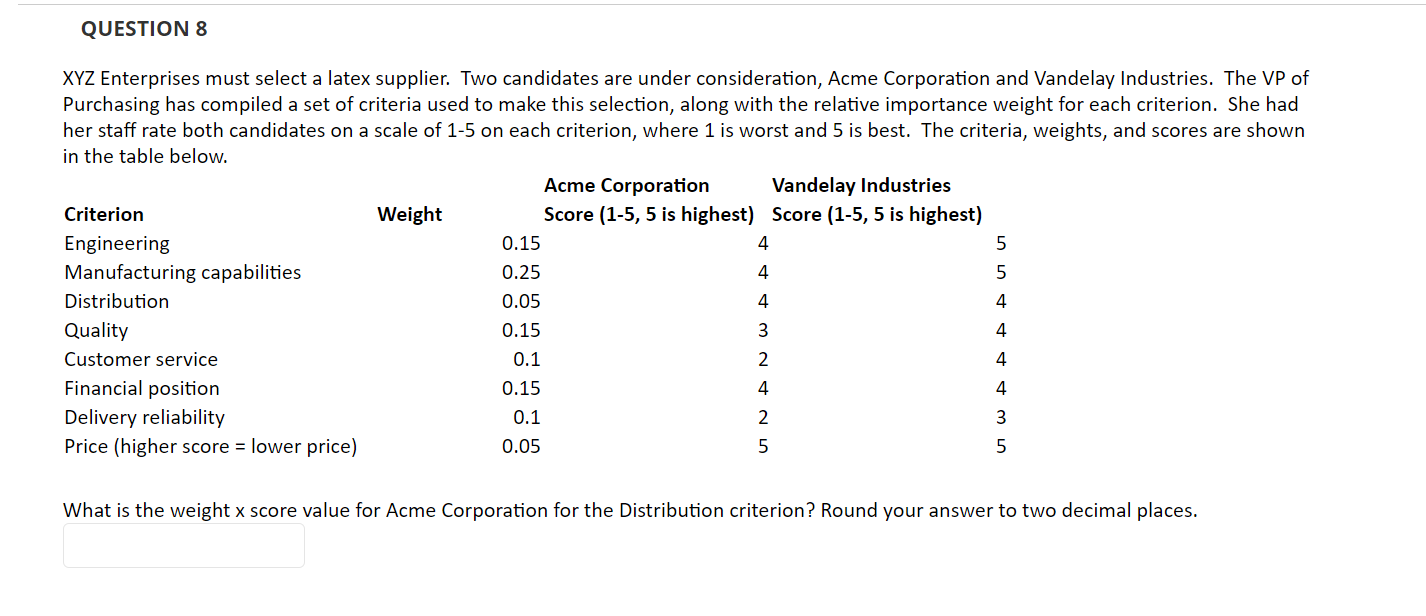 QUESTION 8 4 XYZ Enterprises must select a latex