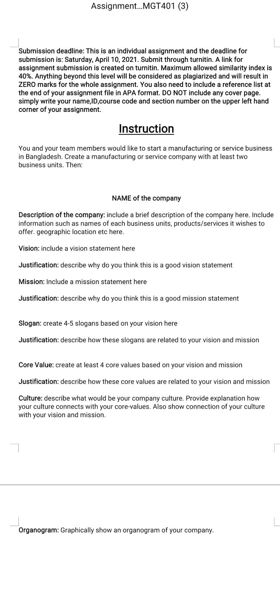 Assignment... MGT401 (3) Submission deadline: