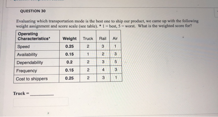 QUESTION 30 Evaluating which transportation mode
