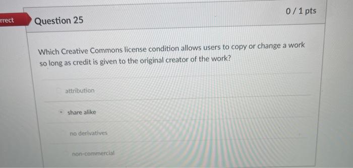 0/1 pts rrect Question 25 Which Creative Commons