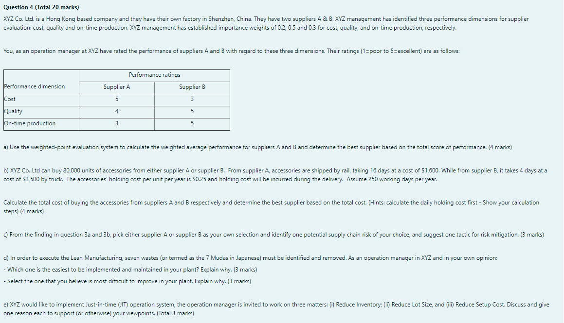 Question 4 (Total 20 marks) XYZ Co. Ltd. is a