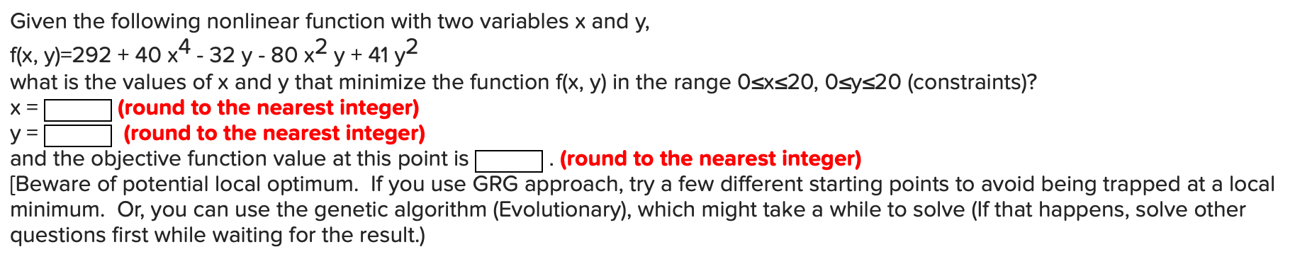 X= Given the following nonlinear function with