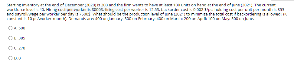 Starting inventory at the end of December (2020)