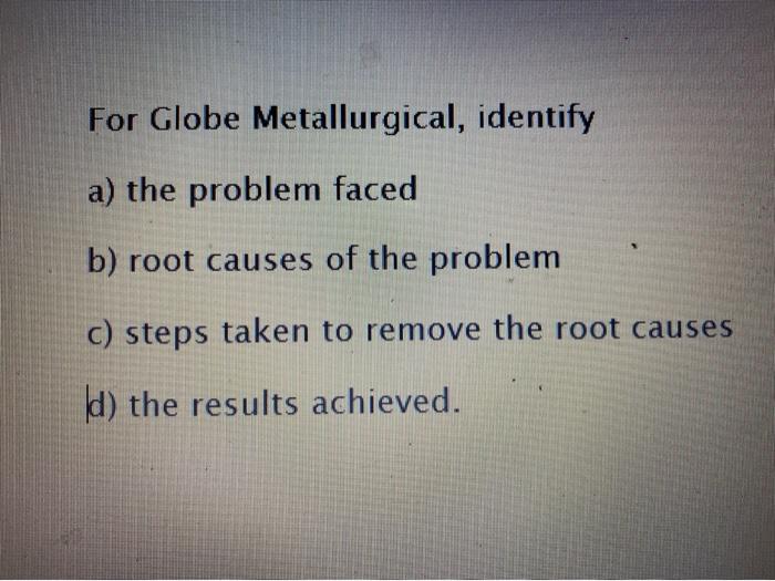 For Globe Metallurgical, identify a) the problem