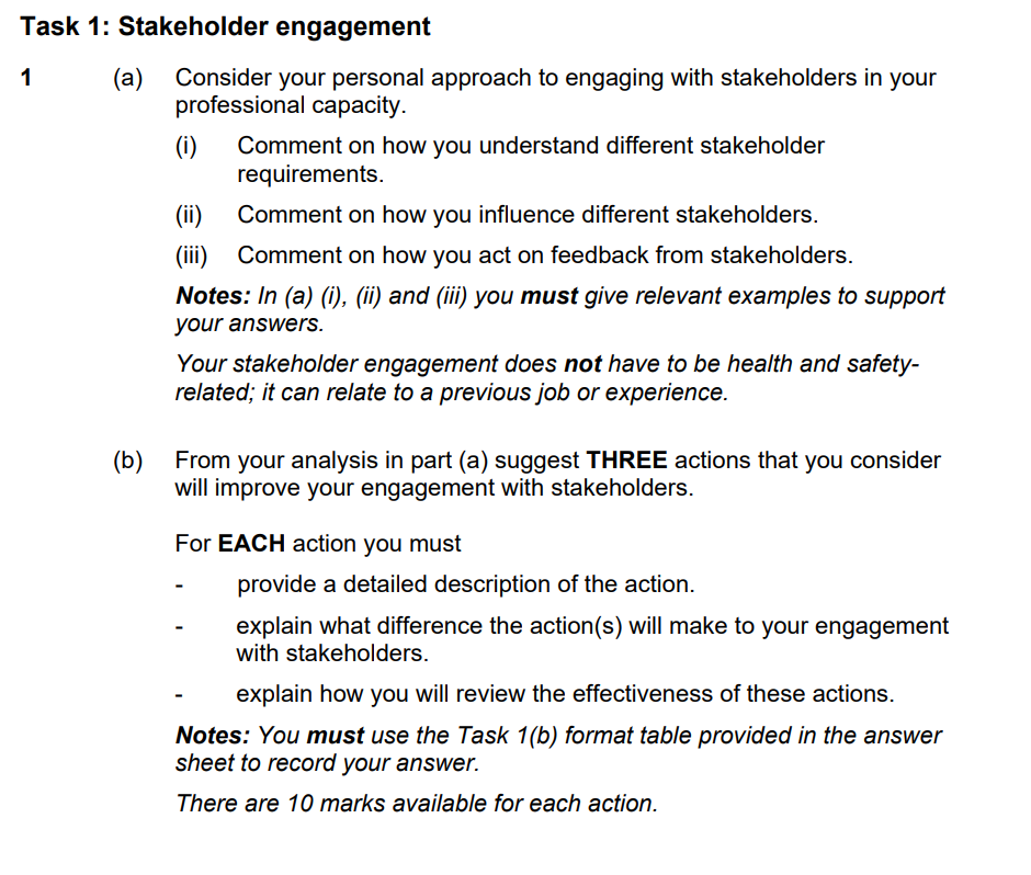 Stakeholder engagement (a) Consider your personal