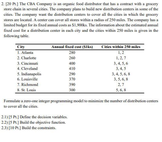 PLEASE SOLVE IN 1 HOUR! 2. [20 Pt.) The CBA