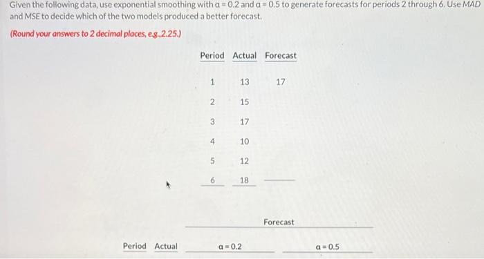 Given the following data, use exponential