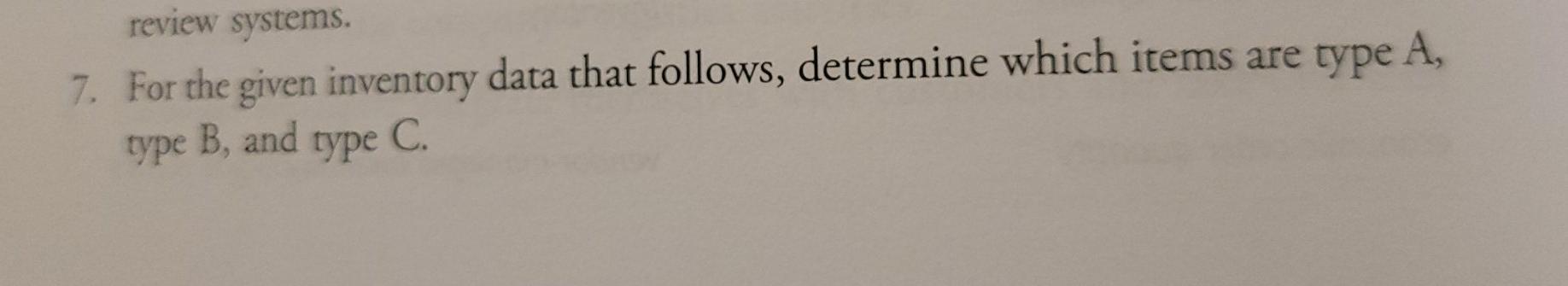 review systems. 7. For the given inventory data