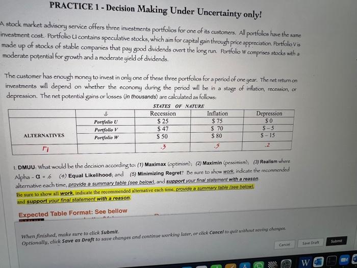 PRACTICE 1 - Decision Making Under Uncertainty