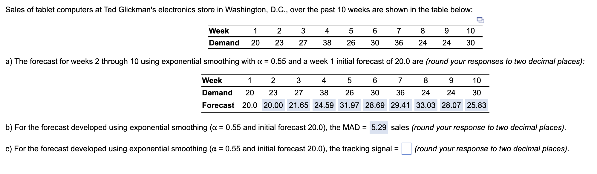 a) The forecast for weeks 2 through 10 using