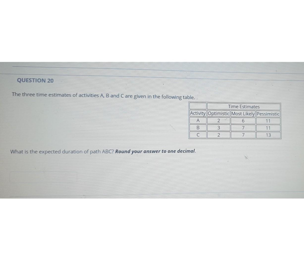 QUESTION 20 The three time estimates of