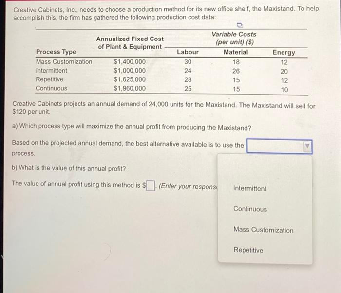 Creative Cabinets, Inc., needs to choose a