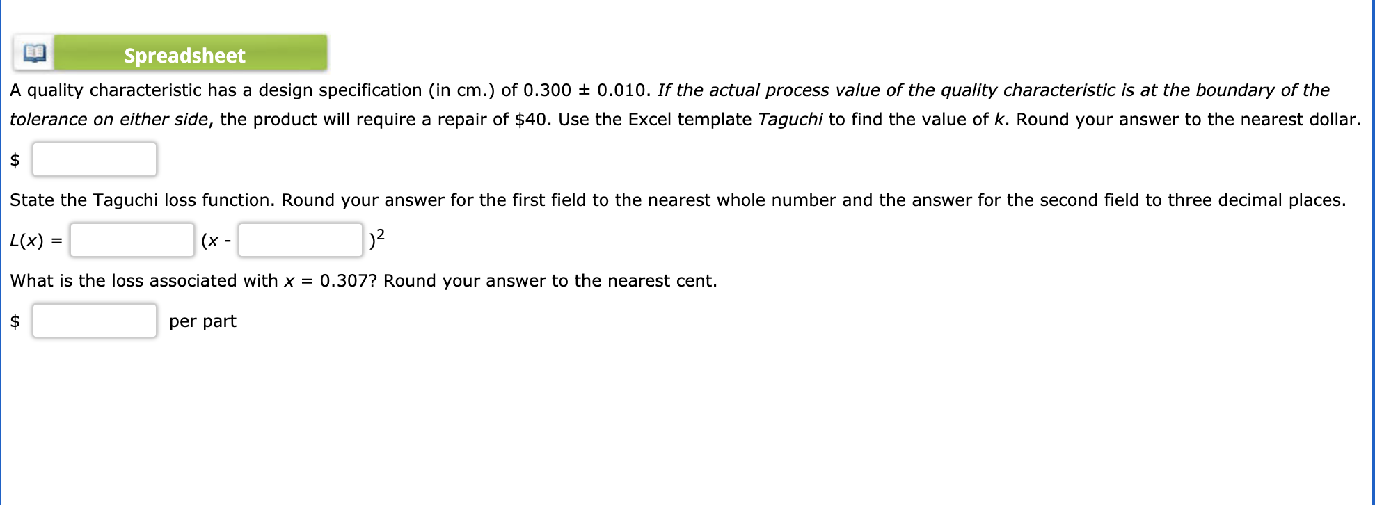 Spreadsheet A quality characteristic has a design