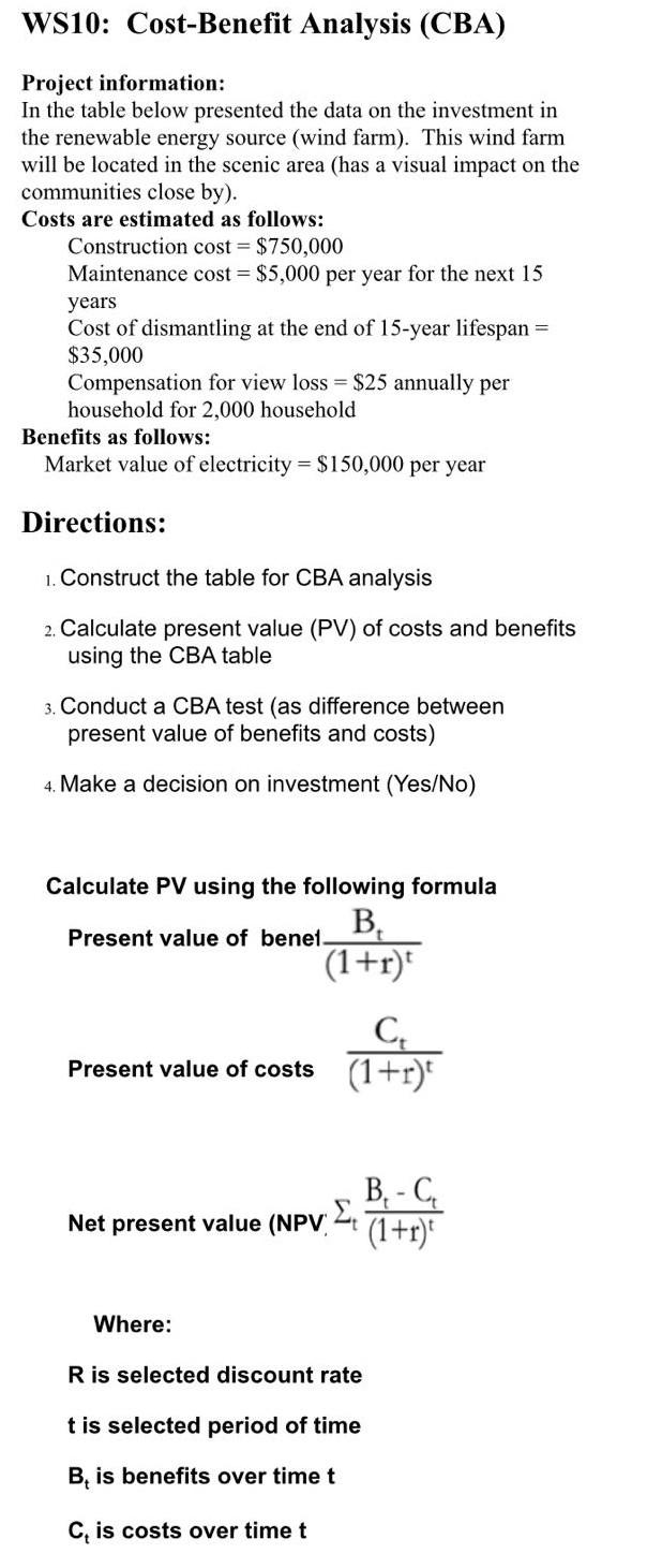 ws10: Cost-Benefit Analysis (CBA) Project