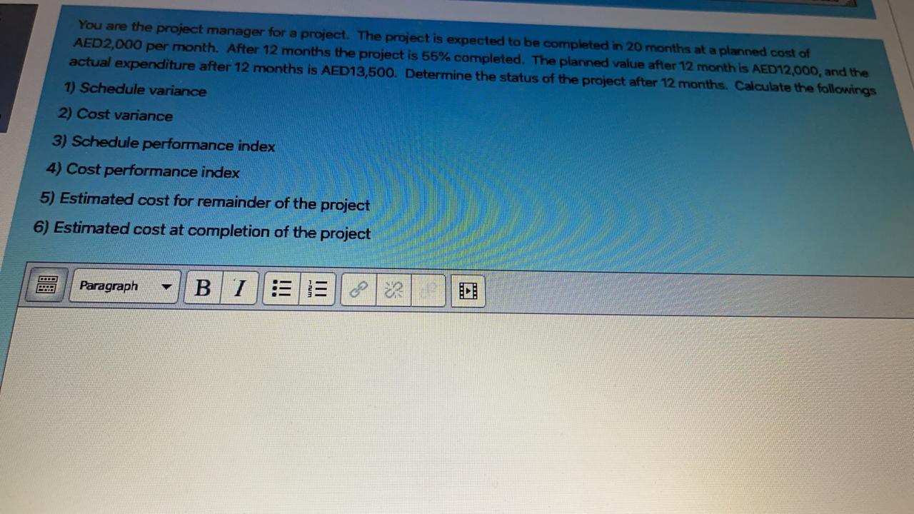 You are the project manager for a project. The