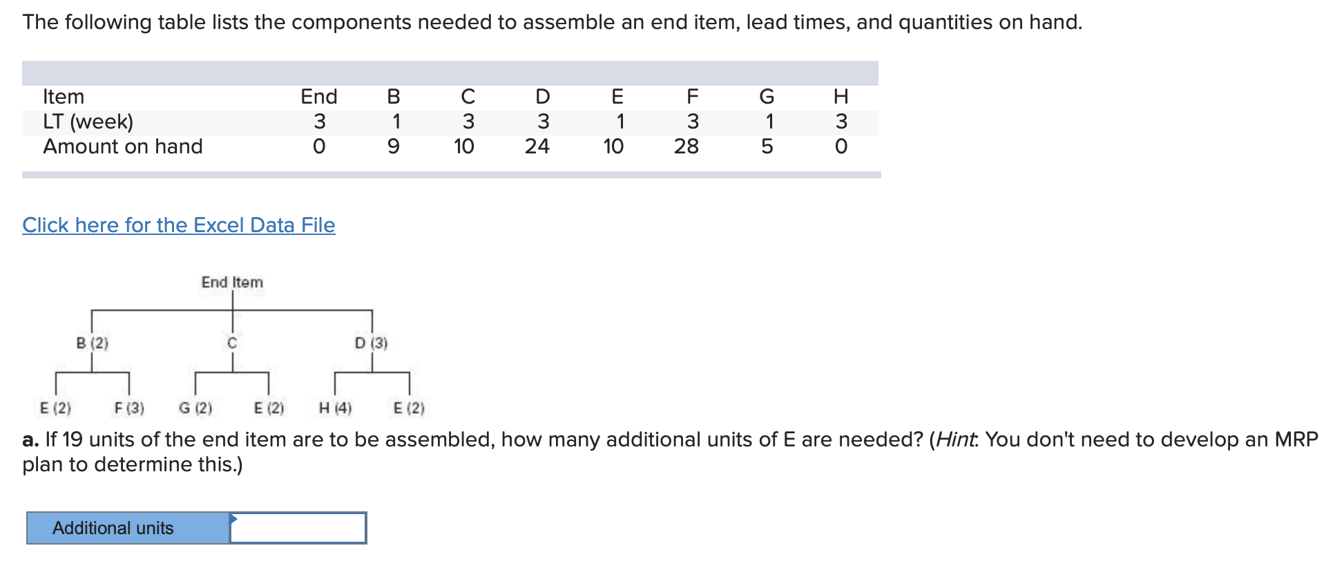 Click here for the Excel Data File a. If 19 units