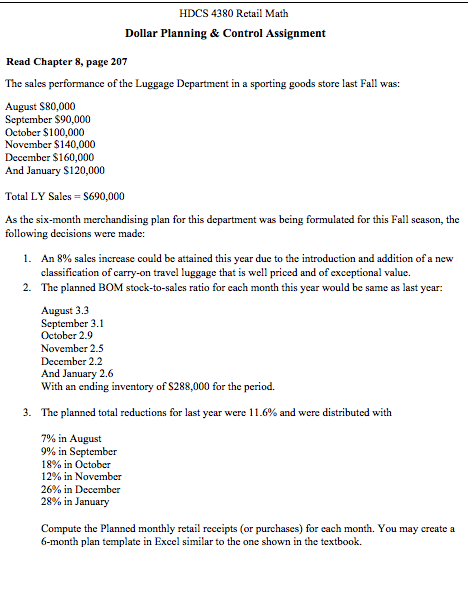 HDCS 4380 Rctail Math Dollar Planning & Control