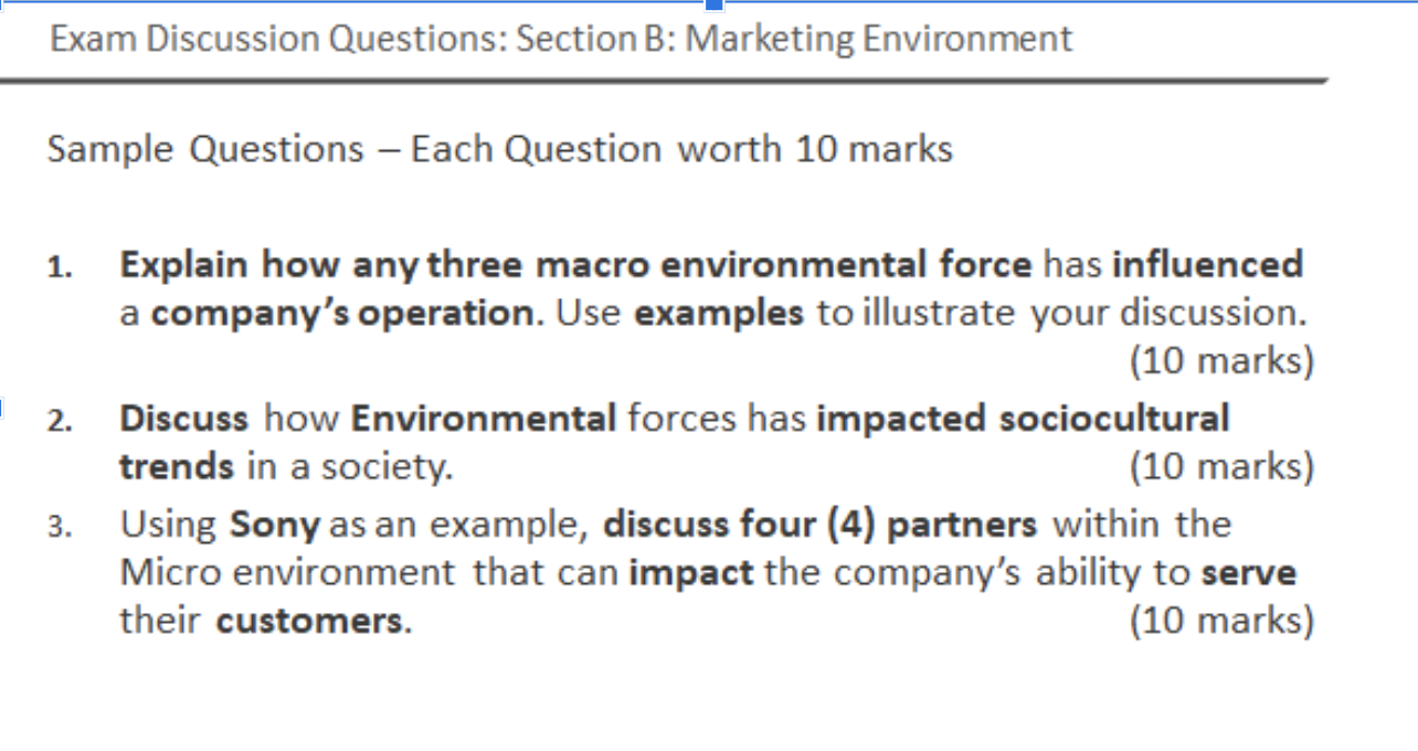 Exam Discussion Questions: Section B: Marketing