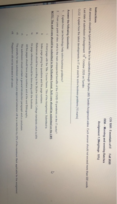 CIS 1001 Essentials of IT Fall 2020 BBA - Morning