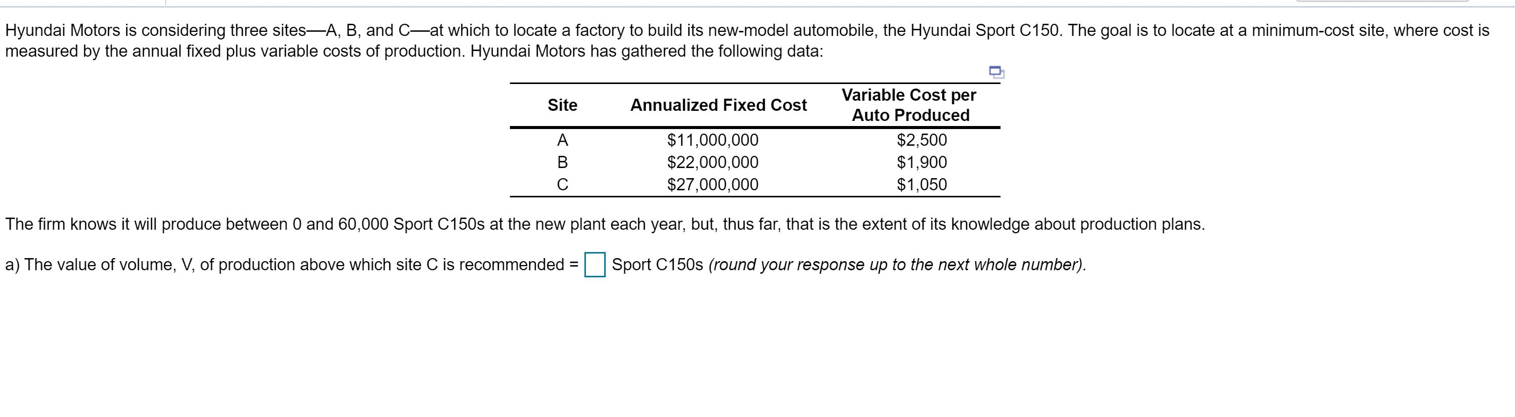 Hyundai Motors is considering three sitesA, B,