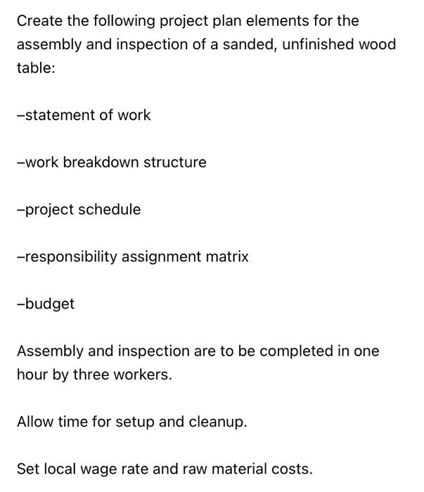 Create the following project plan elements for