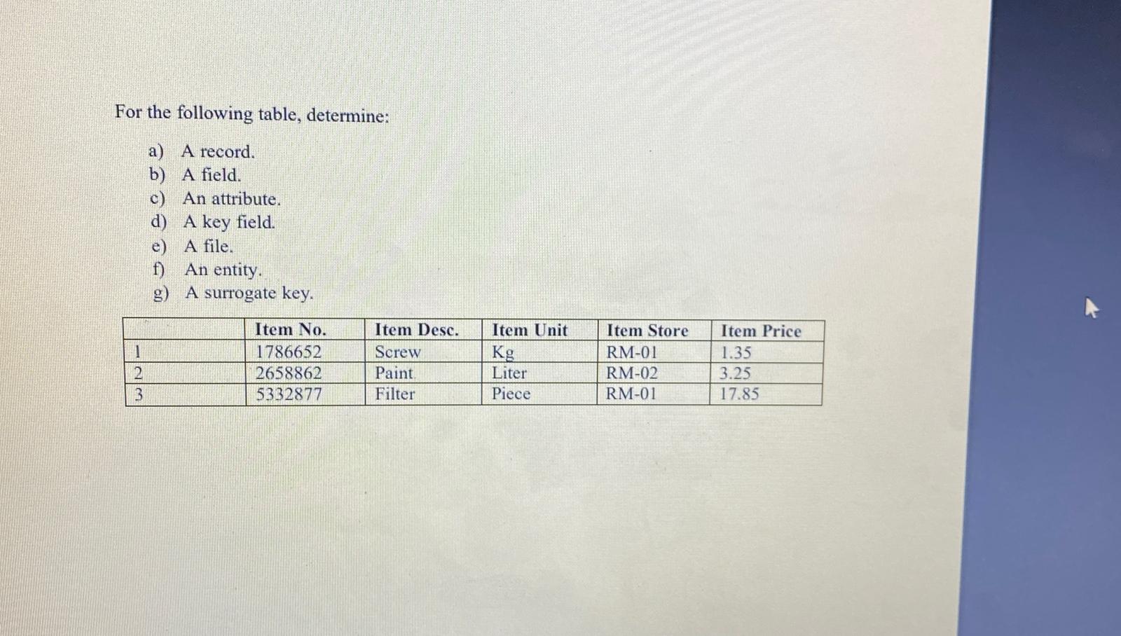 For the following table, determine: a) A record.