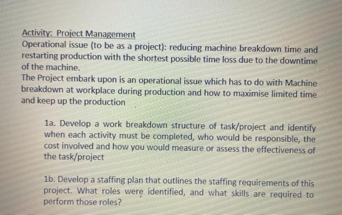 Activity: Project Management Operational issue