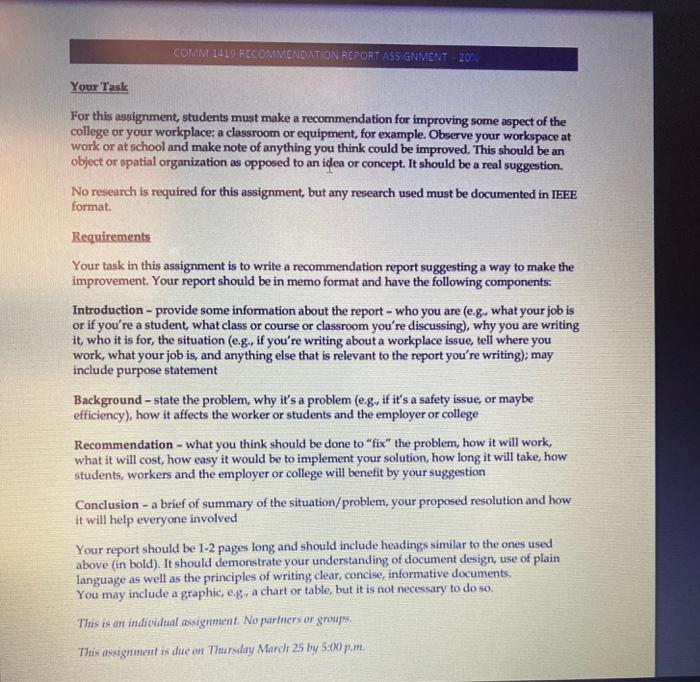 COMM 1419 RECOMMENDATION REPORT ASSIGNMENT 20%