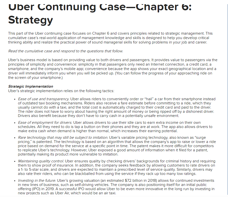 Uber Continuing Case-Chapter 6: Strategy This