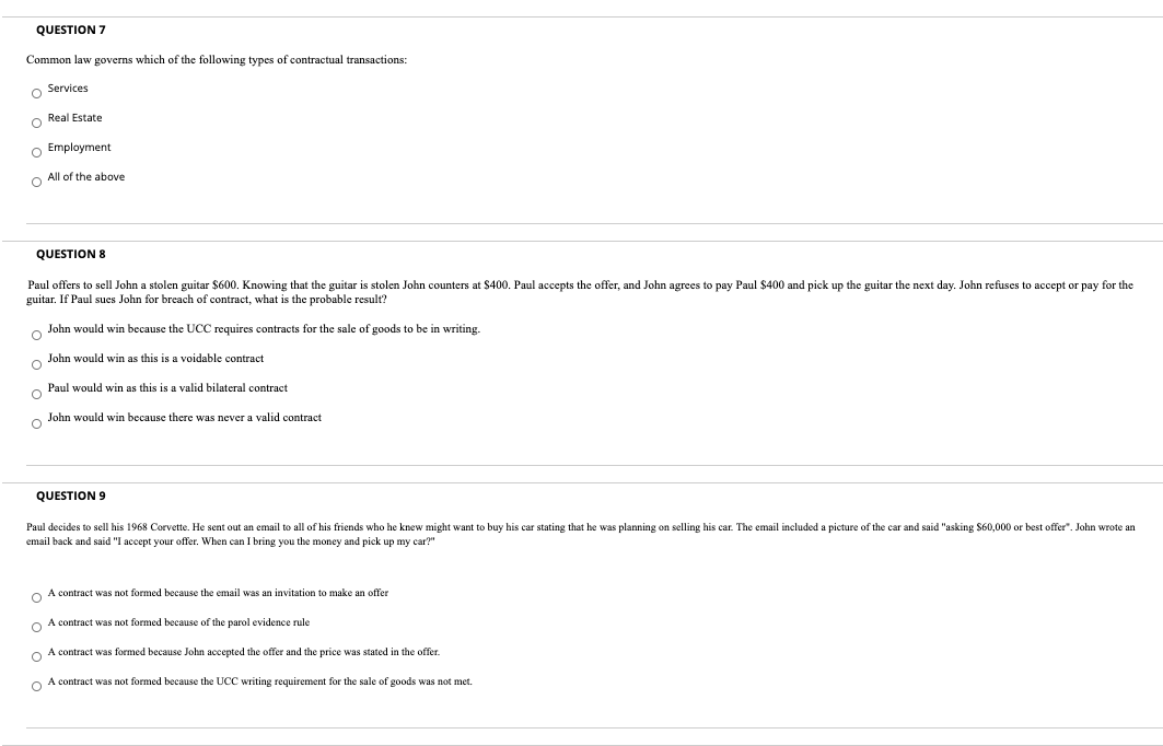 QUESTION 7 Common law governs which of the