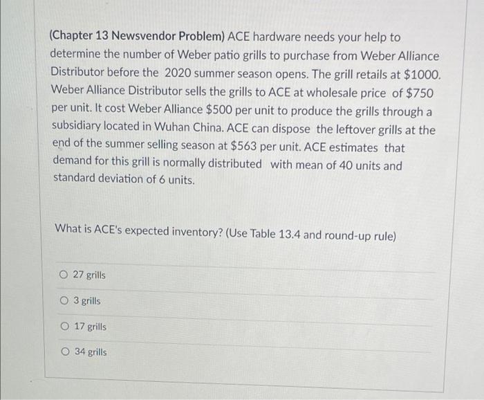 (Chapter 13 Newsvendor Problem) ACE hardware