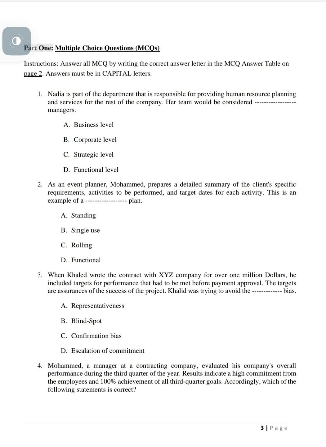 Part One: Multiple Choice Questions (MCOs)