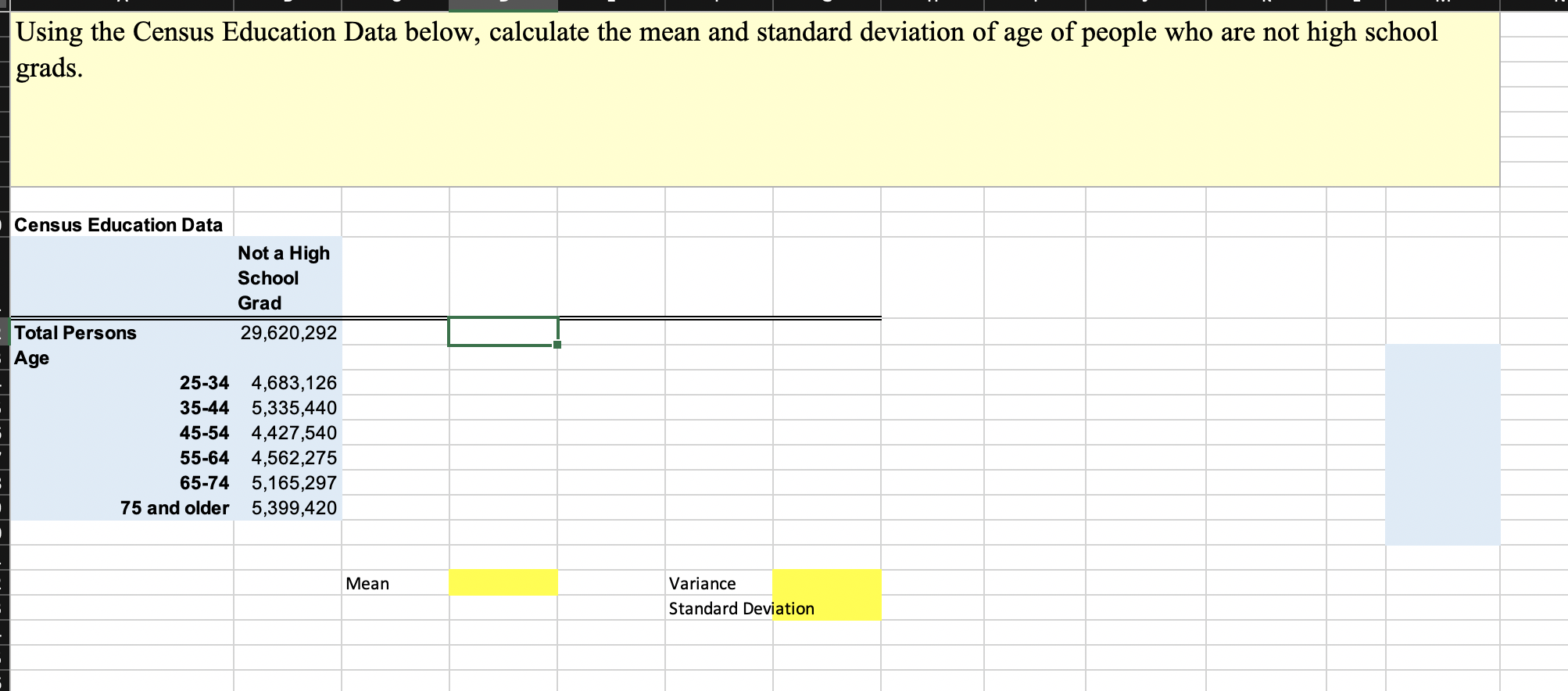 Using the Census Education Data below, calculate