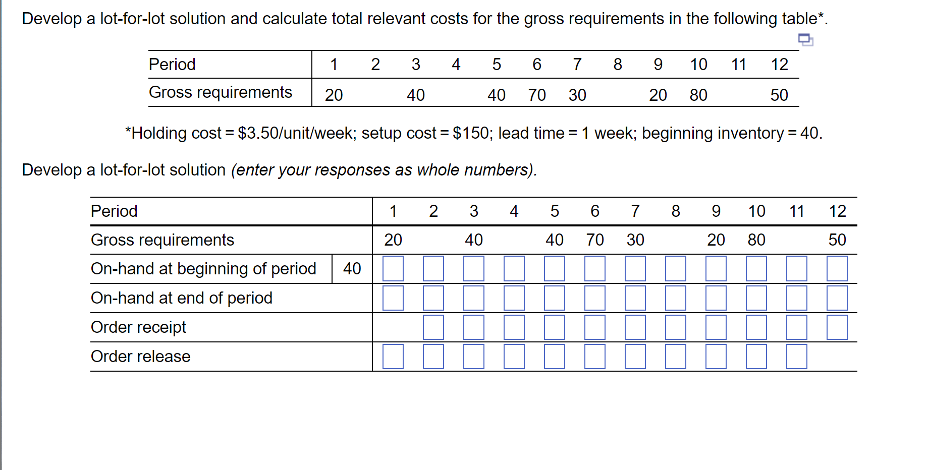 Develop a lot-for-lot solution and calculate