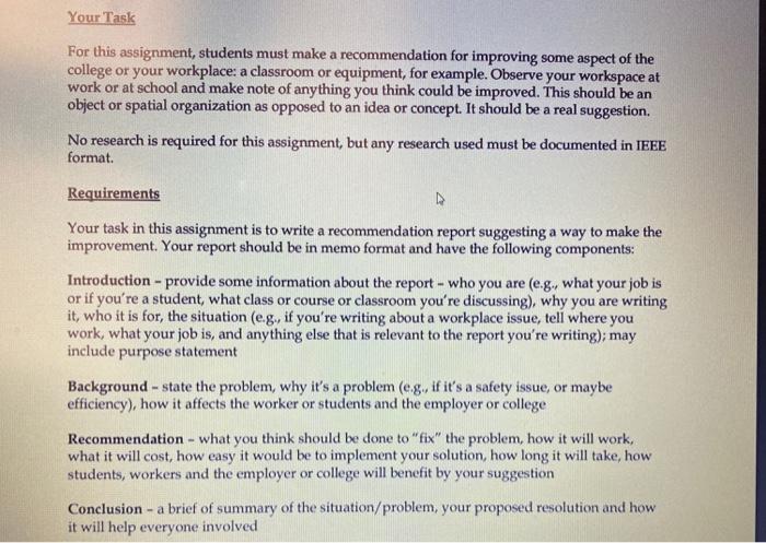 Your Task For this assignment, students must make