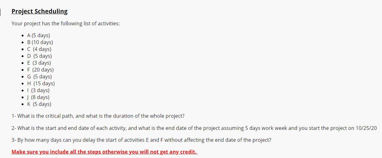 Project Scheduling Your project has the following