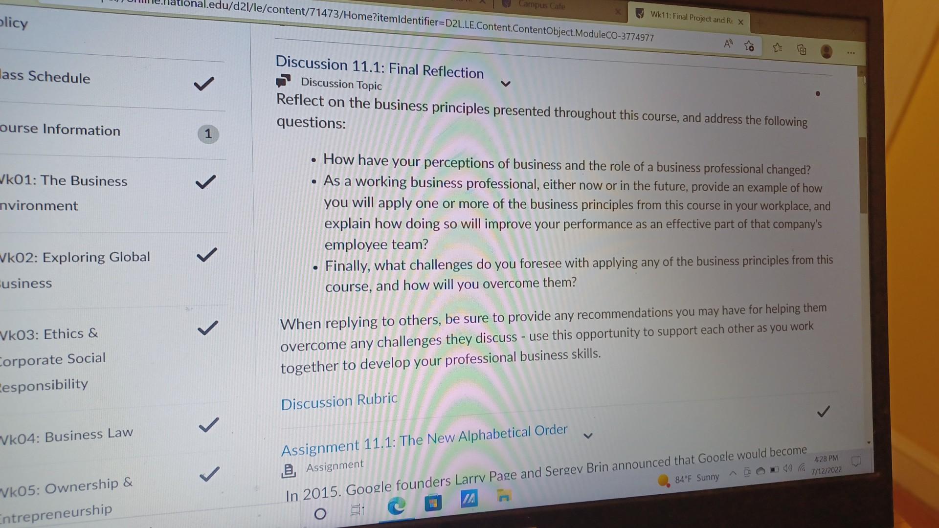 Final Reflection Introduction to Business When