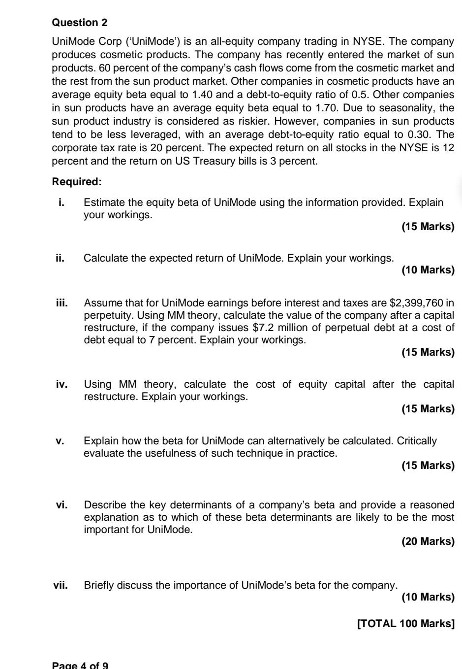 Answer any Question you prefer Question 2 UniMode