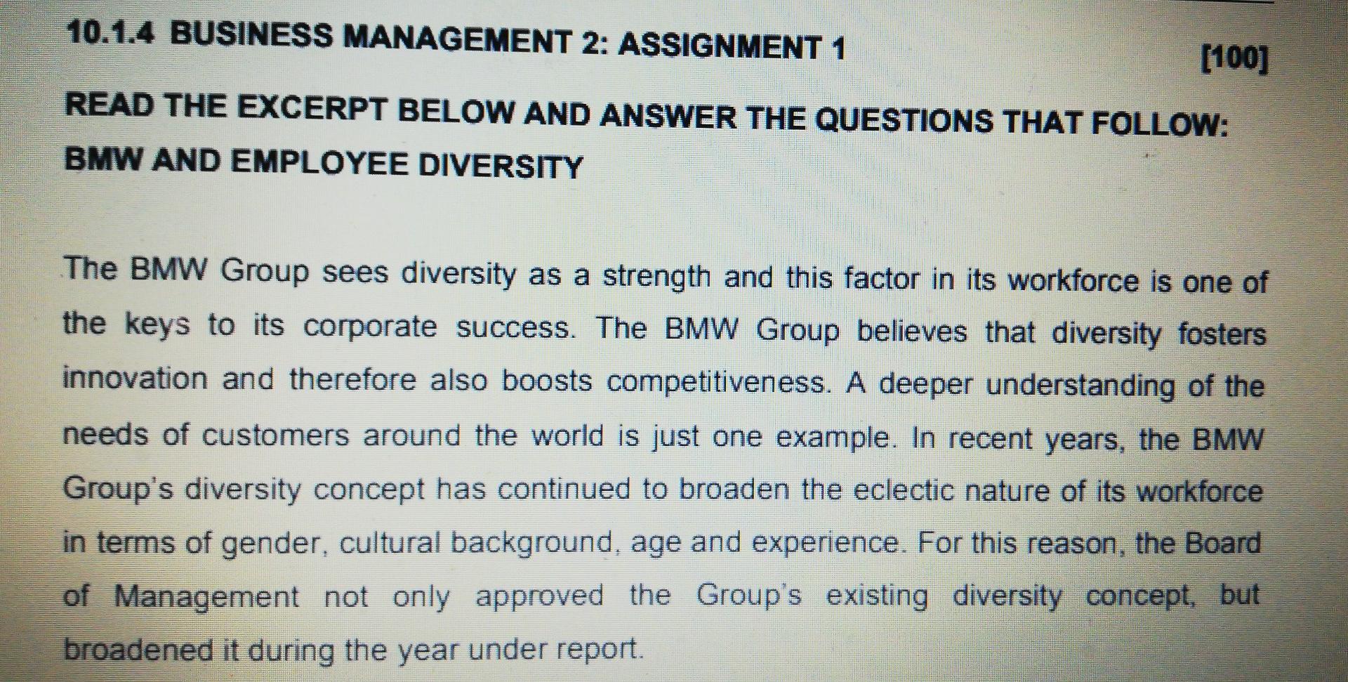 10.1.4 BUSINESS MANAGEMENT 2: ASSIGNMENT 1 (100)
