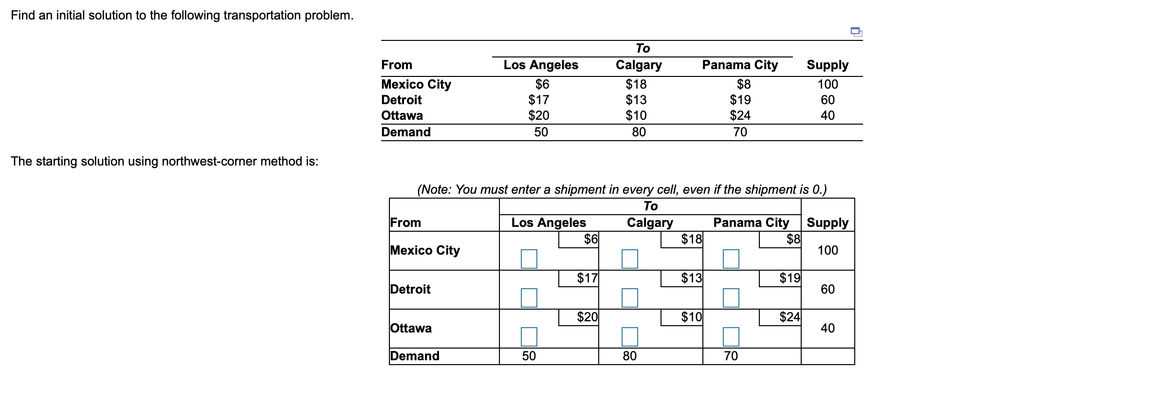 Find an initial solution to the following