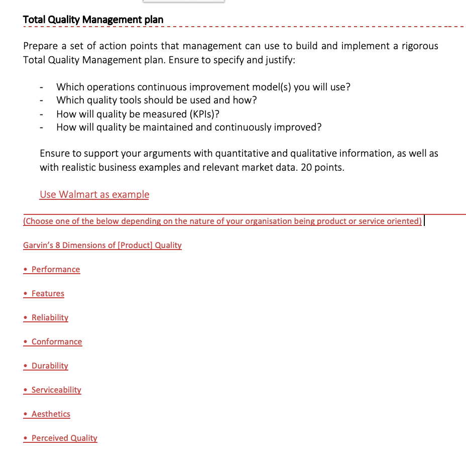 Total Quality Management plan Prepare a set of