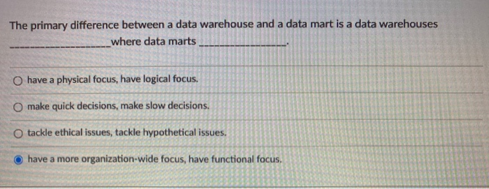 The primary difference between a data warehouse