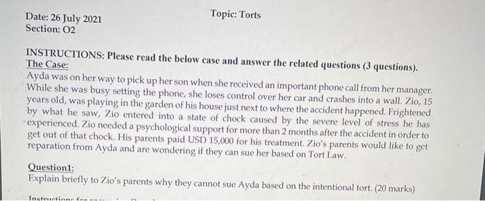 Topic: Torts Date: 26 July 2021 Section: 02