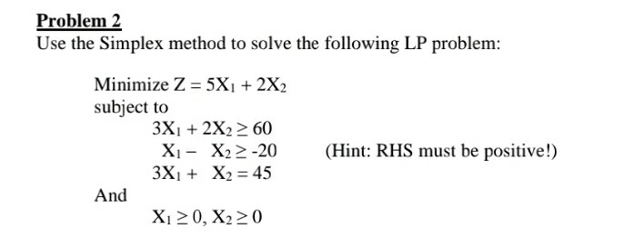 Problem 2 Use the Simplex method to solve the