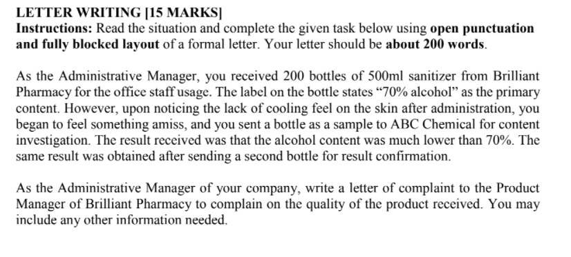 LETTER WRITING [15 MARKS] Instructions: Read the